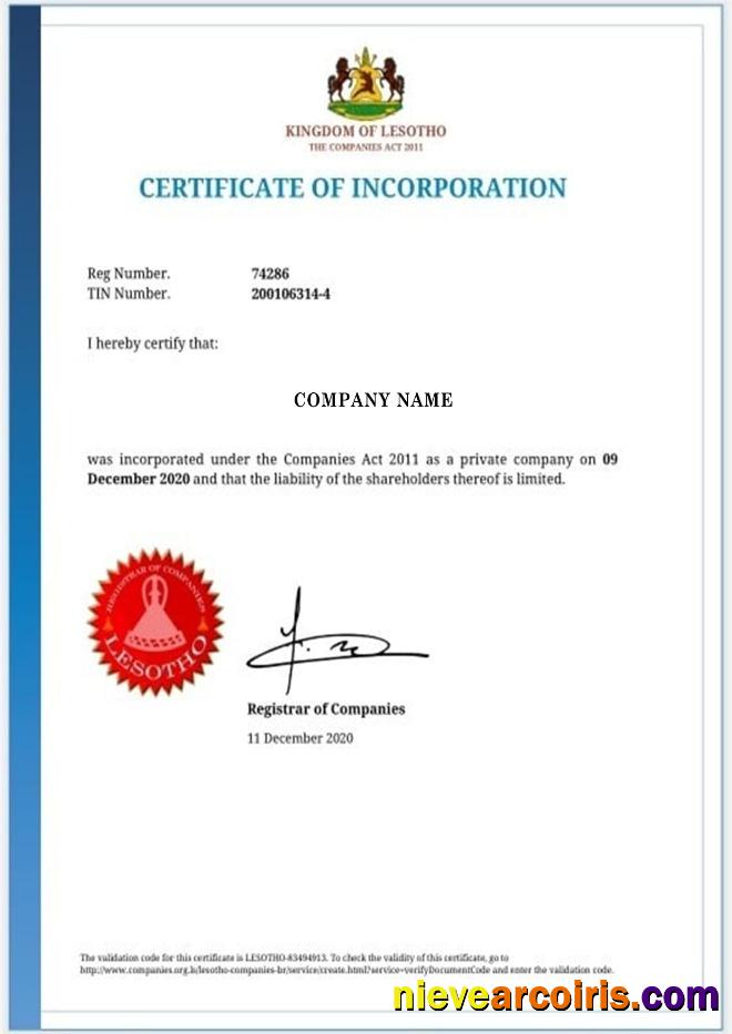 Lesotho Certificate of Incorporation
